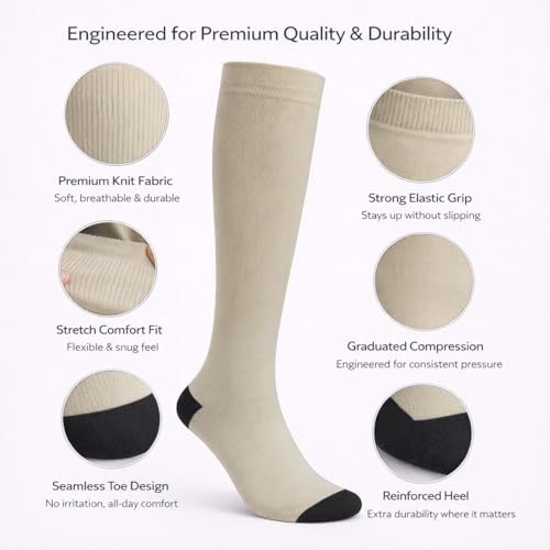 Diamond Star 6 Pairs Compression Socks for Men & Women, Knee High Socks - color: 6 Pairs Cream