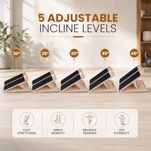 Slant Board for Calf Stretching, Portable Foldable Wooden Calf Stretcher, Adjustable Incline Board for Squats, Pilates and Physical Therapy, Non-Slip 550 lb Capacity with Carry Handles