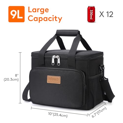 Lifewit Medium Lunch Bag, Insulated Lunch Box, Soft Cooler Cooling Tote for Adult Men Women, Black 12-Can (9L) - color: Black, size: Medium(9L)