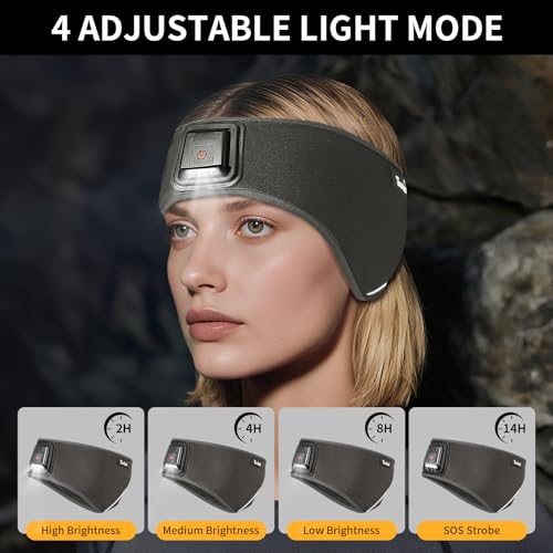 Taximi LED Winter Headbands for Women and Men Ear Warmer Headband with Light, 4 Light Modes, USB Rechargeable Warm Headbands for Cold Weather Running Cycling Ski - color: Dark Gray