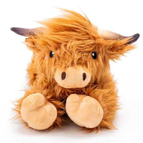 Highland Cow Microwavable Stuffed Animal – 1.5 lb Unscented Heating Pad Plush, Soft Cozy Cute Cow Toy for Relaxation and Comfort, Gift for Women, Girls, Adults & Kids by Happy Fuel - color: Brown Highland Cow (Lying Down)