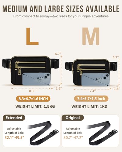 Capolo Fanny Packs for Women 4 Zip Pocket Crossbody Belt Bag Waist Bags - color: Black, size: Large