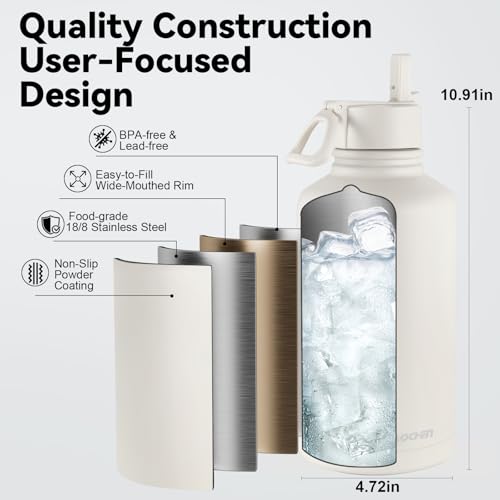 KXIAOCHEN Insulated Water Bottle with Strap, 48-Hour Cold, 2 Lids - color: Cream-B, size: 64 Ounces