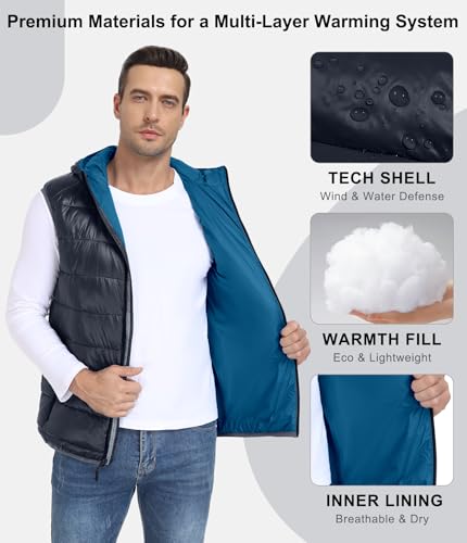 Mapamyumco Men's Hooded Puffer Vest Waterproof Lightweight Quilted - color: Navy Blue, size: Medium