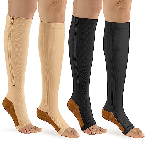 bropite Zipper Compression Socks Women & Men - 2Pairs Calf Knee High 15-20mmHg Open Toe Compression Stocking suit for Walking - color: Black/Beige Copper Open Toe, size: Large-x-large