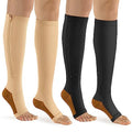 bropite Zipper Compression Socks Women & Men - 2Pairs Calf Knee High 15-20mmHg Open Toe Compression Stocking suit for Walking - color: Black/Beige Copper Open Toe, size: Large-x-large