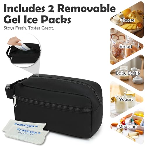Fammart Freezable Snack Bag with Removable Ice Packs, Small Insulated Lunch Bag Mini Cooler, Leakproof Reusable Snack Lunch Box with Buckle Handle for Work, Travel, Office - Black - color: with Ice Packs - Black