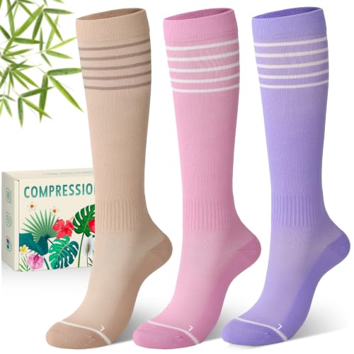 Bamboo Viscose Compression Socks 15-20 mmHg Knee High 3 Pairs Unisex - color: A02-3pair-striped Purple Apricot Pink, size: Small-Medium