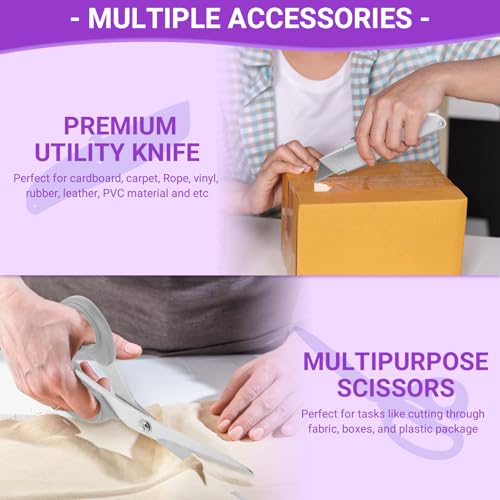 THINKLEARN Tape Dispenser with Scissors and Utility Knife, Purple - color: Purple