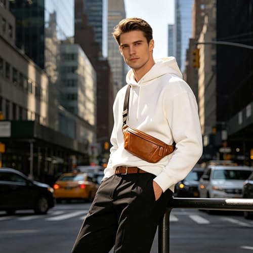 Genuine Leather Fanny Pack for Women & Men, Crossbody Waist Pack with Adjustable Strap, Hiking Hip Bum Belt for Travel, Hiking, Running - color: Light Brown