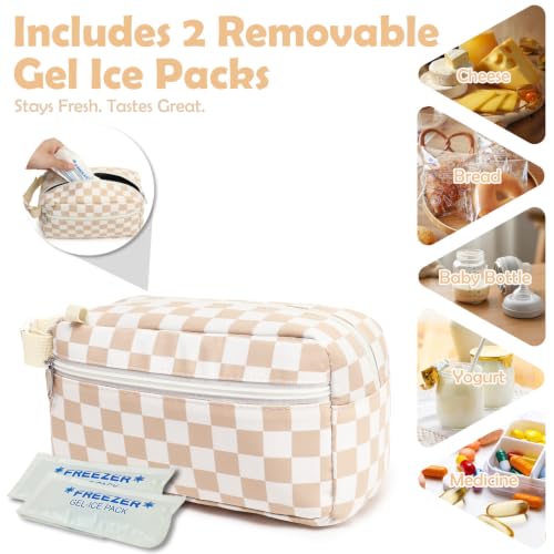 Fammart Freezable Snack Bag with Removable Ice Packs, Small Insulated Lunch Bag Mini Cooler, Leakproof Reusable Snack Lunch Box with Buckle Handle for Work, Travel, Office - Checkered Khaki - color: with Ice Packs - Checkered Khaki
