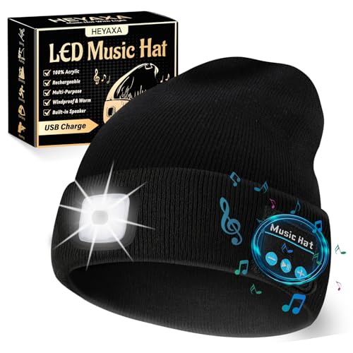 HEYAXA Bluetooth Beanie Hat, USB Rechargeable 4 LED Wireless Music Running Headlamp Cap, Dad Gifts for Husband, Dad, Birthday Gifts for Men, Dad, Father, Women, Him, Her, Black - color: Black