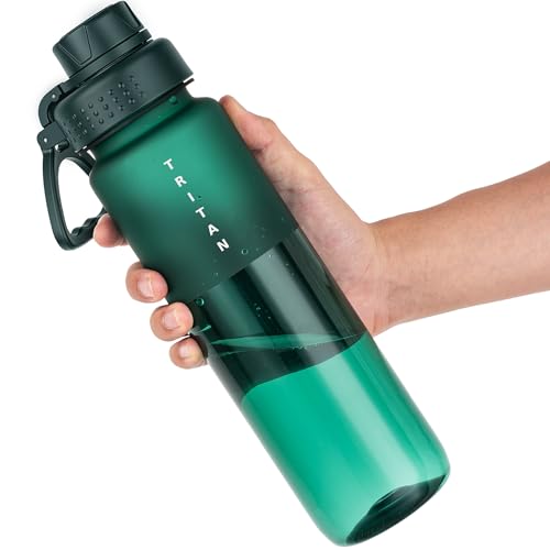 OLDLEY 32oz Water Bottle with Handle, BPA-Free Tritan Reusable Sports Water Bottle with Leak-Proof Dust Lid, Wide Mouth, Cup Holder Friendly, Half Frosted Clear Bottle for Gym,Travel, Work,Teal Green - color: Teal Green