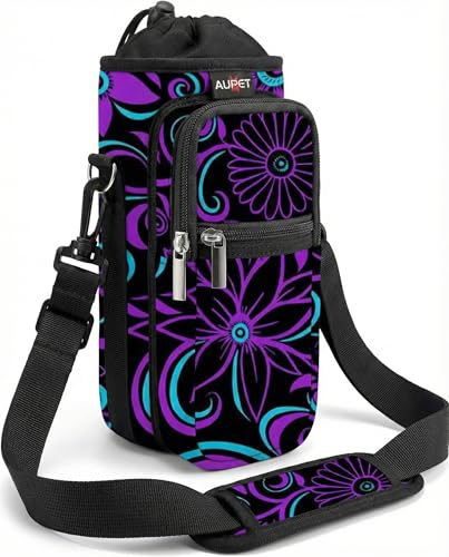 AUPET Water Bottle Sling Bag Sleeve Holder Carrier 25/32/40/64 oz,Insulated Crossbody Water Bottle Case Cover with Strap and Pockets for Men/Women Walking Hiking - color: purple flower, size: 40oz