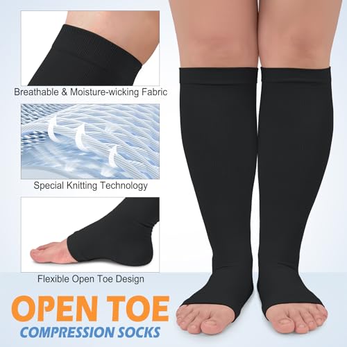 CTHH Toeless Compression Socks for Women & Men Open Toe Knee High Stocking - color: White/Navy Blue/Black, size: Small-Medium