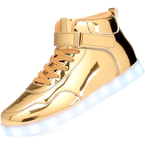 APTESOL Unisex Rechargeable LED Light Up Shoes Men Women High Top Sneakers - color: Gold, size: 7 Women/5.5 Men