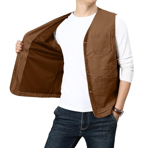 PRIJOUHE Mens Casual Cotton Vest Lightweight Outdoor Fishing Utility Vest - color: 02-brown, size: Large