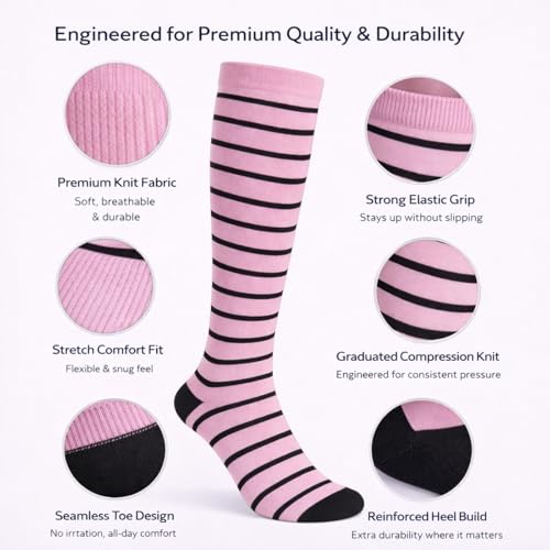 Diamond Star 6 Pairs Compression Socks for Men & Women, Knee High Socks - color: 6 Pairs (Pink/Black)