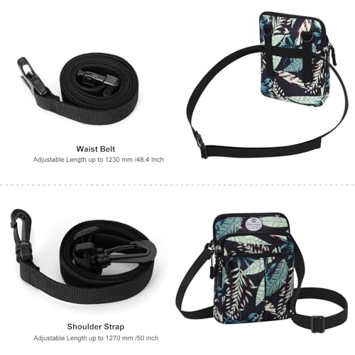 HUA ANGEL Multifunctional Fanny Pack for Men & Women Lightweight Waist Bag with 3 Zip Compartments, Cross body bag for Running Walking Sport Travel - color: Black leaves