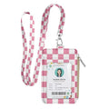bolimoss ID Badge Holder with Lanyard Wallet for Women Cute Small Card Wallet with Removable Neck Lanyard Side Zipper Pocket Slim Pink Checkered Plaid Leather Credit Card Holder - color: Pink White Checkerboard