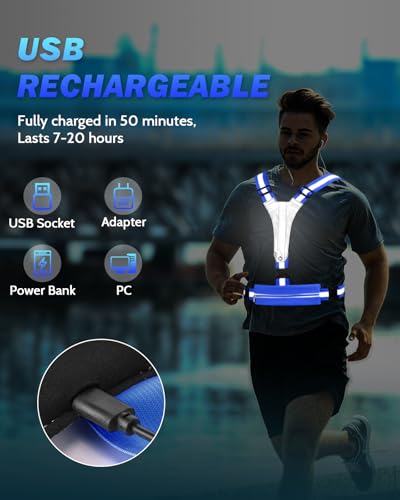 Fitense LED Reflective Running Vest with Phone Holder, Rechargeable 5 Colors Light Up Running Lights for Runners High Visibility Night Safety Gear, Adjustable for Men Women