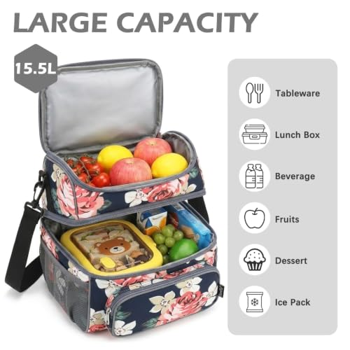 FlowFly Double Layer Cooler Insulated Lunch Bag Adult Lunch Box Large Tote Bag for Men, Women, With Adjustable Strap,Front Pocket and Dual Large Mesh Side Pockets - color: Peony