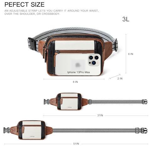 LATMAP 3L TRIPLE ZIP Fanny Packs Belt Bag For Women Men Crossbody Waist Pack Sling Chest Bum Travel Bag Purse Faux Leather Fashion Cute Black - color: Black & White W/ Brown Trim