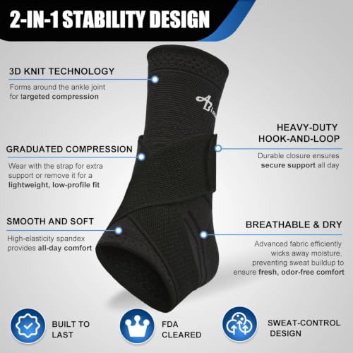 ABIRAM Ankle Brace Compression Sleeve with Adjustable Support Strap - color: Black, size: X-Large