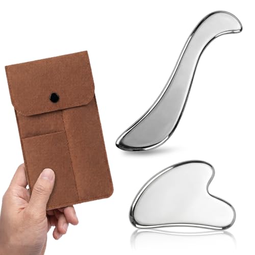Rena Chris Gua Sha & Muscle Scraper Tool, Stainless Steel Face & Body Gua Sha Set for Lymphatic Drainage & Deep Tissue Massage, Travel Pouch & Guide Included (2-Piece Kit)