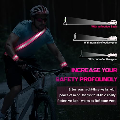 Reflective Sash for Night Walking, High Visibility Running Safety Gear with 2Pcs Reflective Armbands, Adjustable Cross-Body Reflective Belt for Men Women Kids, Essential Gear for Jogging Dog Walking - color: pink