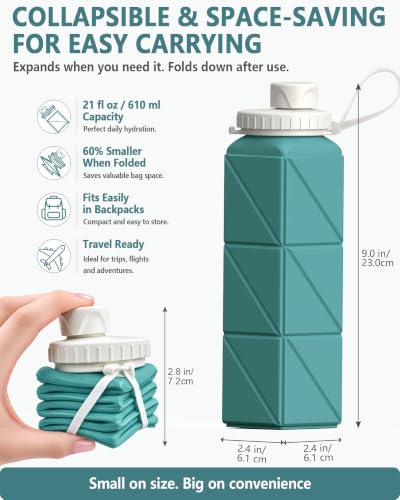 BEAUTAIL Collapsible Water Bottles 21oz/610mL, Silicone Travel Water Bottle - color: Blue