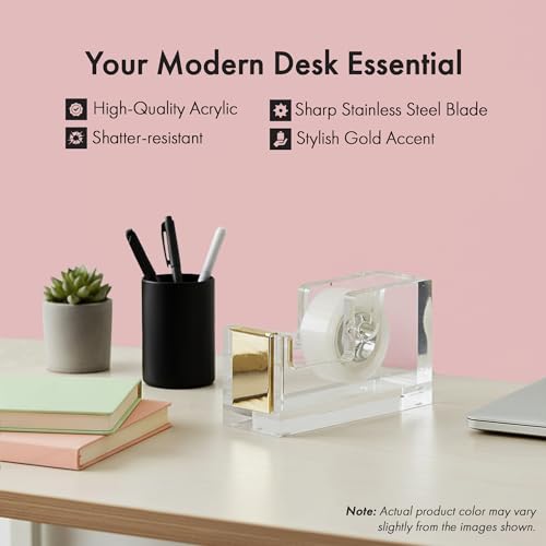 OfficeGoods Acrylic Tape Dispenser, Aesthetic and Compact Design, Gold - color: Gold