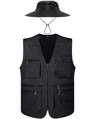Janmercy 2 Pcs Men's Fishing Vest with Hat for Halloween Cosplay - color: Black, size: XX-Large