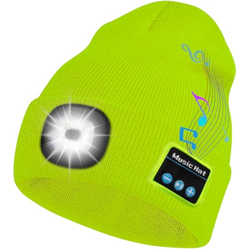 Bosttor Bluetooth Beanie Hat with Light, Headlamp Cap with Headphones and Built-in Speaker Mic, Gifts for Men Women Teen - color: Fluorescent Yellow
