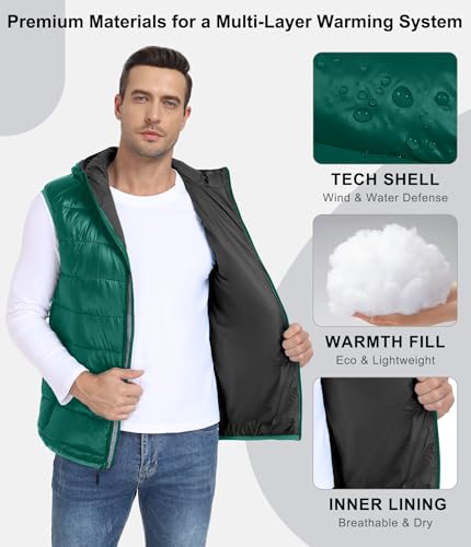 Mapamyumco Men's Hooded Puffer Vest Waterproof Lightweight Quilted - color: Dark Green, size: Medium