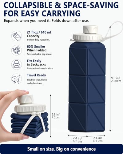 BEAUTAIL Collapsible Water Bottles 21oz/610mL, Silicone Travel Water Bottle - color: Dark Blue