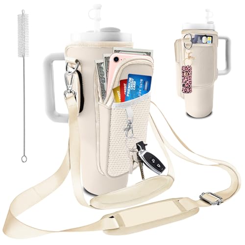 Stanley Carrier Bag for Stanley 40oz/30ozTumbler with Phone with 2 Adjustable Strap,3 Pockets Bottle Stanley Cup Carrier Bag & Case,Accessories for Hiking Travelling - color: Beige