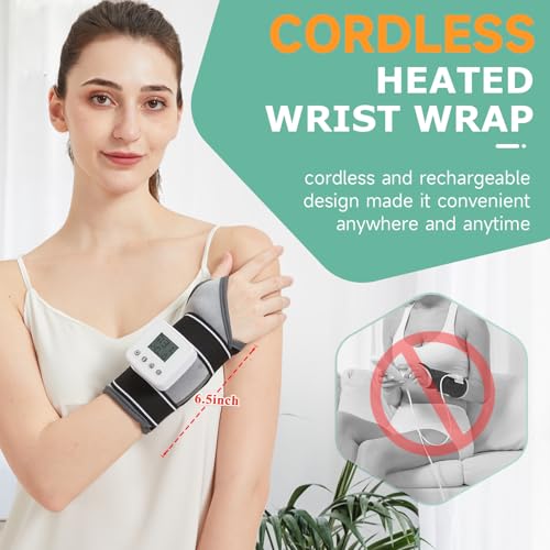 Rechargeable Heated Wrist Massager for Pain Relief - 3 Heat Levels & 3 Vibration Modes, Heat Therapy Wrap for Carpal Tunnel, Tendonitis, Sprains, Swelling, Auto Shut-Off Hand Warmer