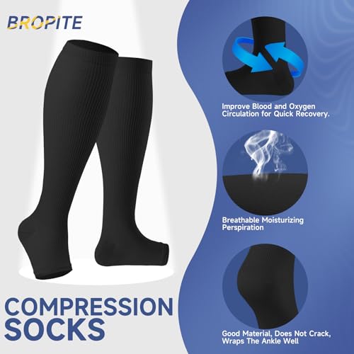 bropite Open Toe Compression Socks for Women，3 Pairs Toless Knee-High Socks - color: C-bbp Open, size: 4X-Large