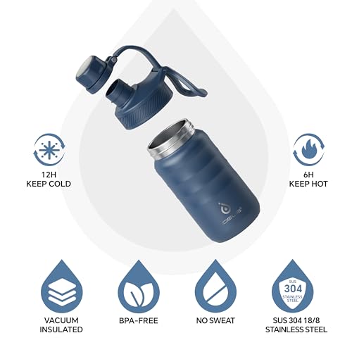 IDEUS 12oz Insulated Stainless Steel Water Bottle with 2 Leak-Proof Lids - color: Navy Blue, size: 12 Ounces