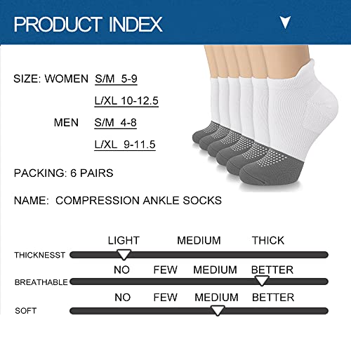 Sooverki Copper Compression Socks Women and Men 6 Pairs - Circulation Arch Support Plantar Fasciitis Running Ankle Socks - color: A3 - 6 Pairs - Gray White - No Show, size: Small-Medium