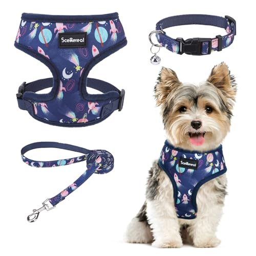 SCENEREAL Small Dog Harness and Leash Set, No Pull Puppy Harness - color: Navy-Starry Night, size: XS: Chest Girth: 10"-14"