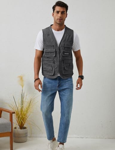 Gihuo Men's Fishing Vest Utility Safari Cargo Fly Vest with Multi Pockets - color: Grey, size: Medium
