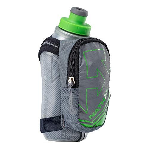 Nathan Insulated Handheld Flask.SpeedShot-Plus.Grip Free Running Bottle.,Grey / Green