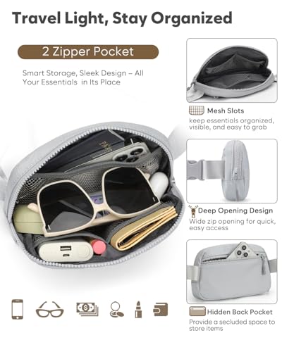 Pritent Fanny Packs for Women Crossbody Belt Bag With Zipper Back Pocket - color: Light Gray, size: Small