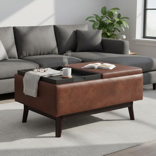 SIMPLIHOME Owen 34" Vegan Leather Storage Ottoman in Distressed Pecan Brown - color: Distressed Pecan Brown