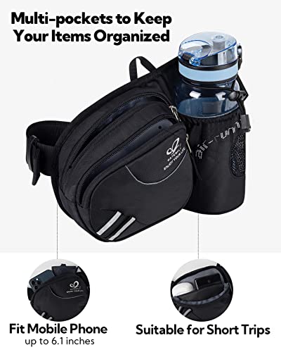 WATERFLY Fanny Pack Waist Bag: Waist Pack for Women Men with Water Bottle Holder Hiking Fanny Pack for Running Walking DogWalking Travel Cycling - color: black