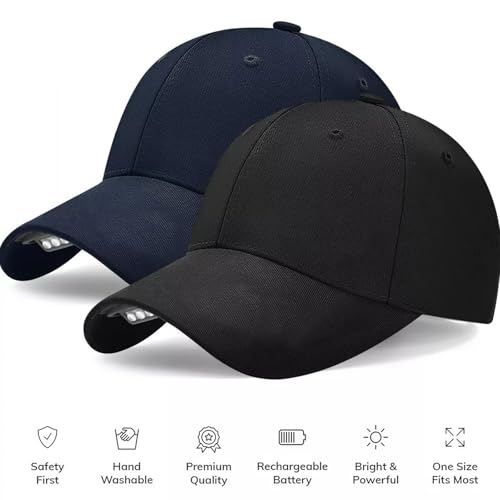 Baseball Cap with Light, Hands Free LED Baseball Cap with 5 LED Battery Powered Headlamp Hat Flashlight Hat - color: Navy Blue