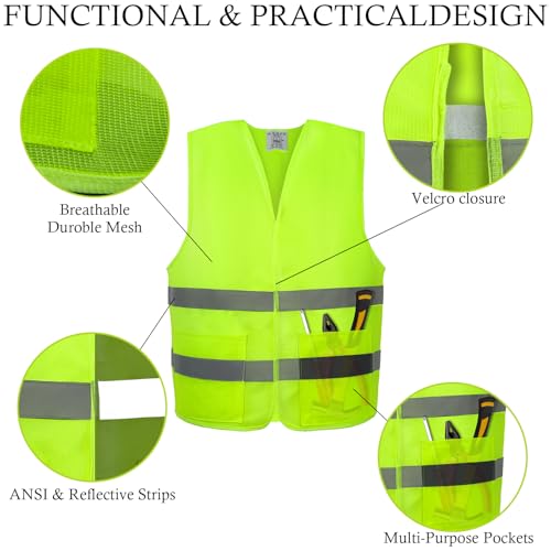 12 Pack Safety Vests with Pockets Yellow Reflective High Visibility,Hi Vis Silver Strip for Men Women Cycling Running Surveying Volunteer Crossing Guard - color: Yellow, size: Medium