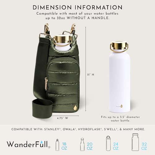 WanderFull Original HydroBag Crossbody Water Bottle Holder with Phone Pocket, Fits Water Bottles up to 32 oz - color: Army Green Shiny